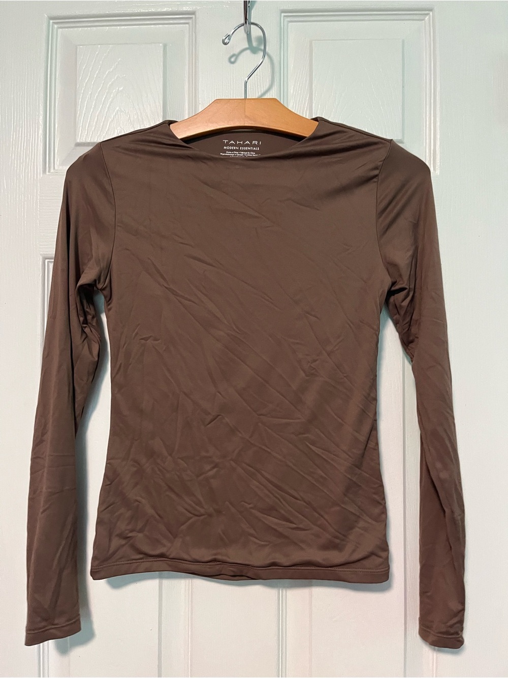 Tahari Long-Sleeve Crewneck Tee in Brown